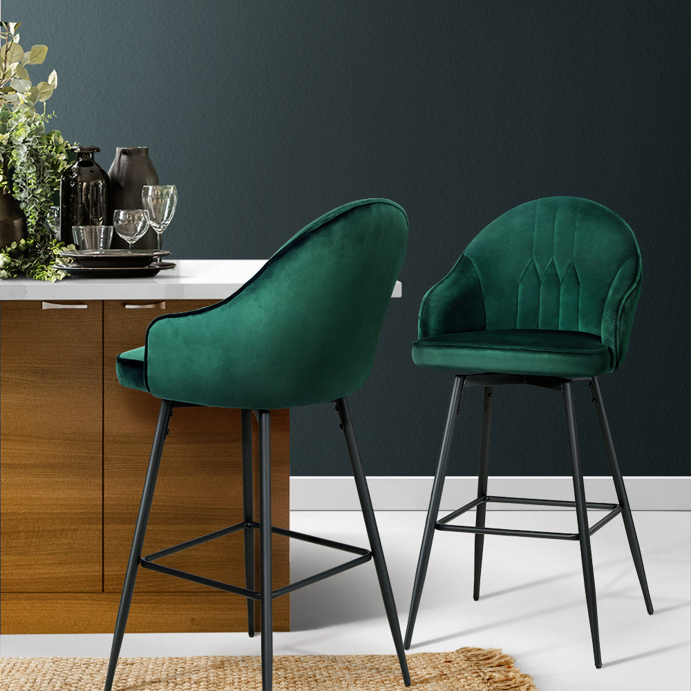 2x Bar Stools Velvet Swivel Metal Legs Green