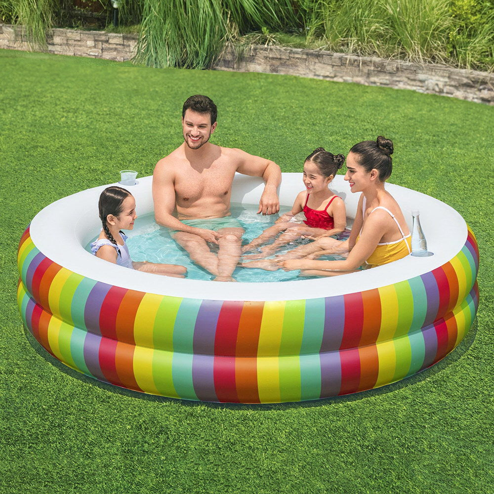 Kids Inflatable Round Pool Above Ground Cup Holder Rainbow 206x206x51cm