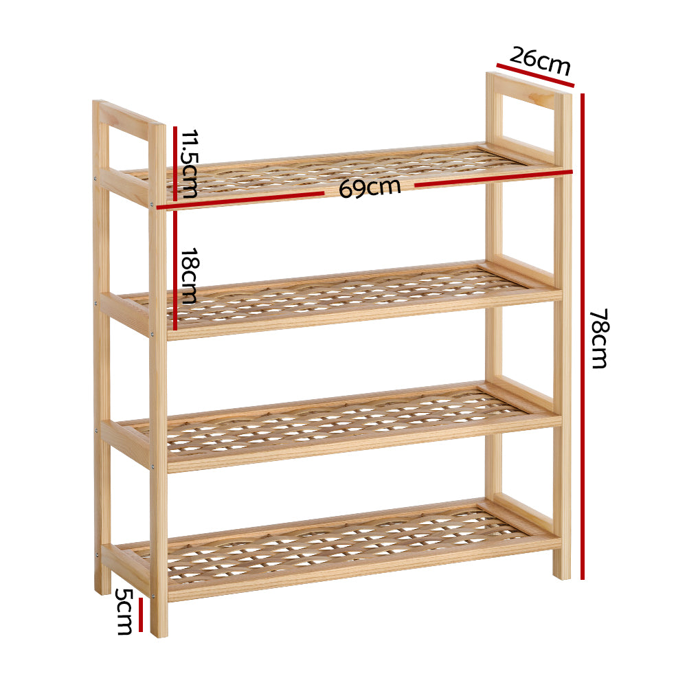 4-tier Shoe Rack 12 Pairs Shoe Storage Weaved Shelves Solid Wood Frame