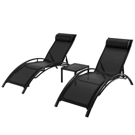 Gardeon 3PC Sun Lounge Outdoor Lounger Steel Table Chairs Patio Furniture Garden