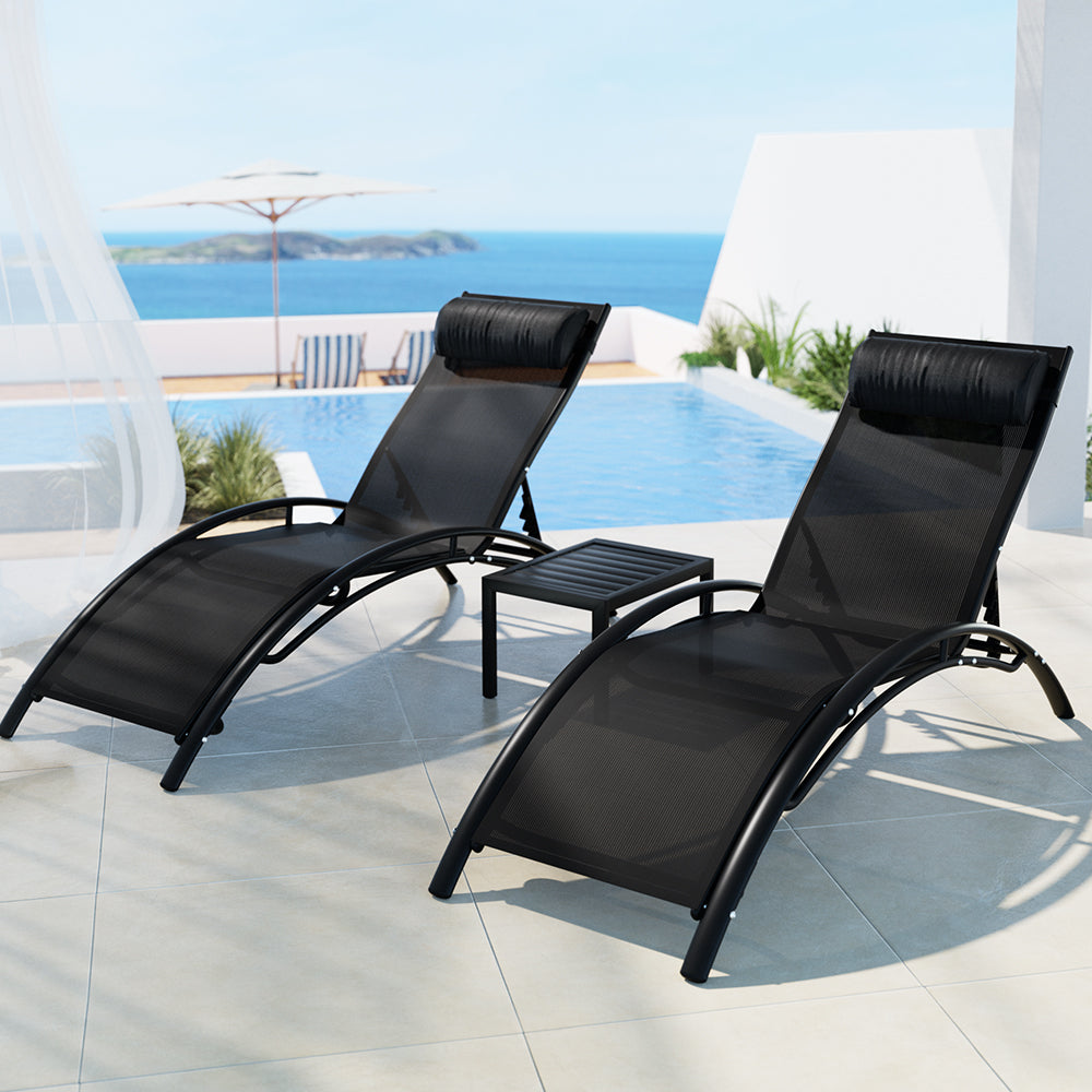 3PC Sun Lounge Outdoor Lounger Steel Table Chairs Patio Furniture Garden