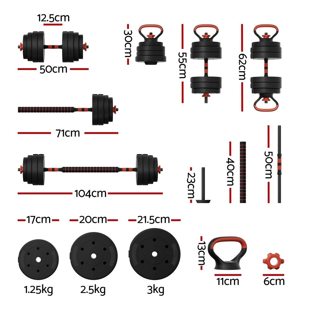 40kg Adjustable Dumbbells Set Kettle Bell Weight Plates Barbells Gym