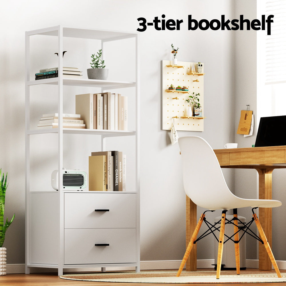 Bookshelf Display Shelf 2 Drawers 152CM White