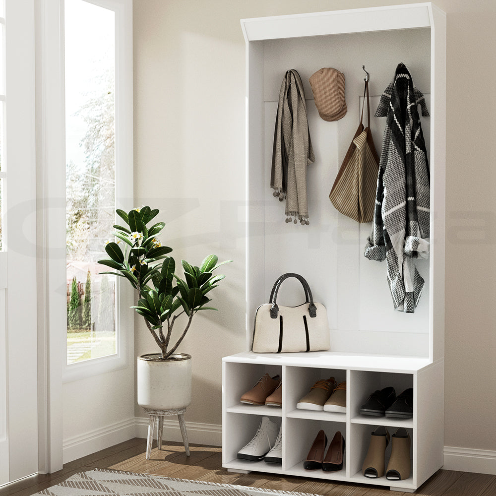 Shoe Cabinet Storage Rack Bench Hall Tree Coat Rack - White 180CM