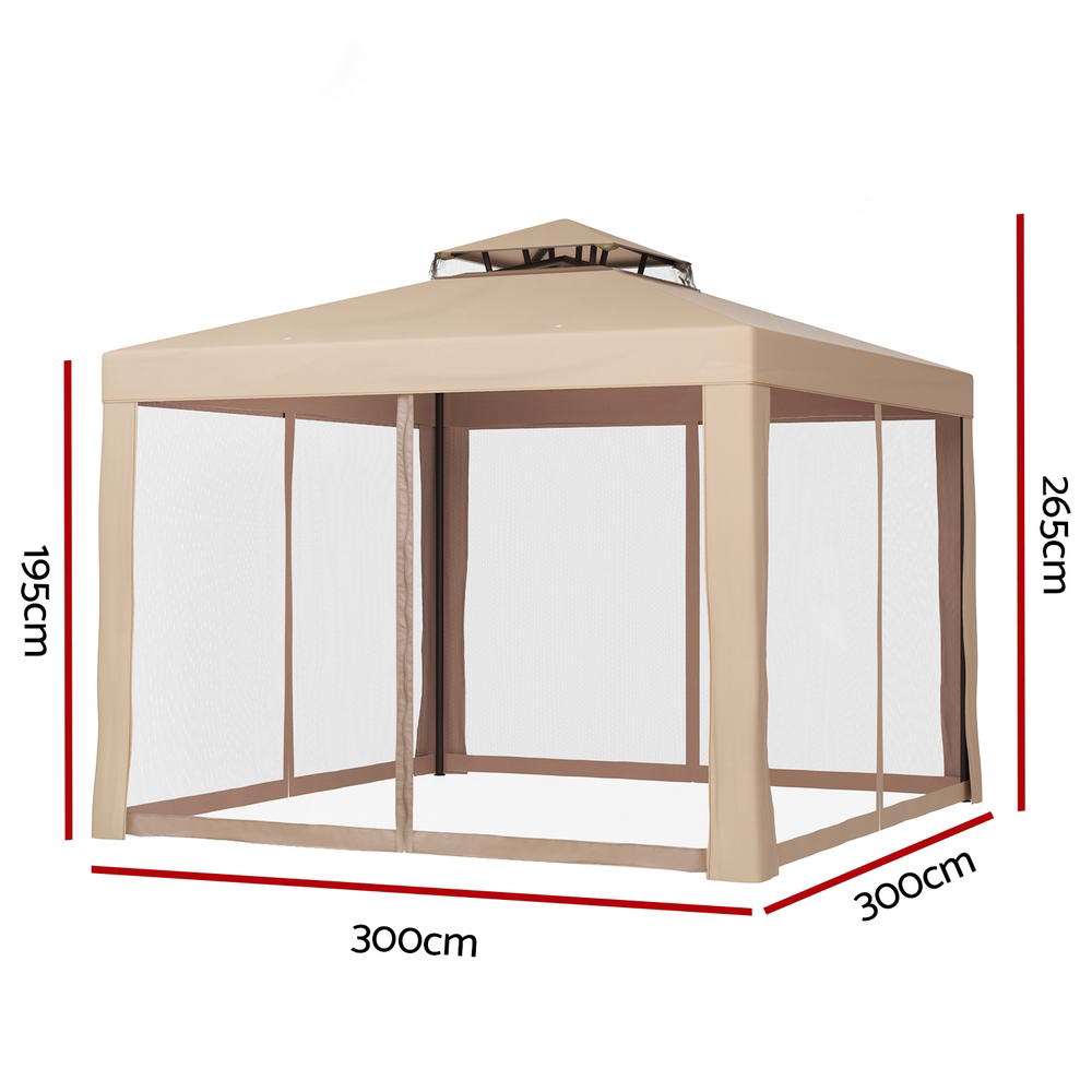 Gazebo Marquee 3m Outdoor Event Tent Camping Party Mesh Wall Canopy Brown