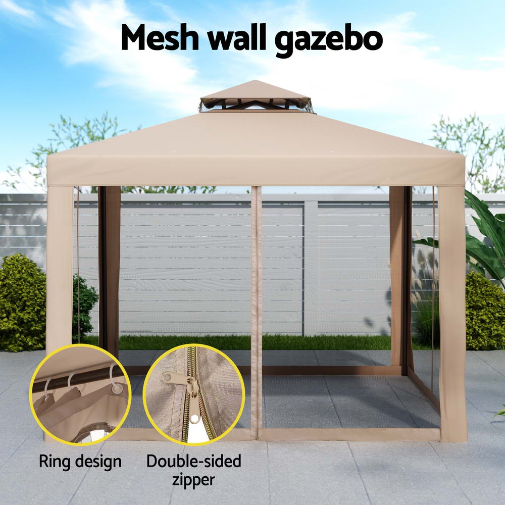 Gazebo Marquee 3m Outdoor Event Tent Camping Party Mesh Wall Canopy Brown