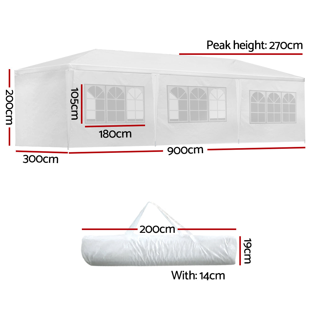 Gazebo 3x9m Marquee Wedding Party Tent Outdoor Camping Side Wall Canopy 8 Panel White