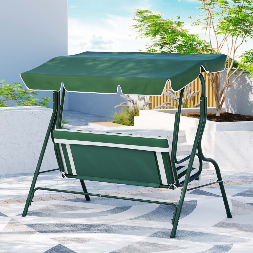 Outdoor Swing Chair Garden Bench Furniture Canopy 3 Seater - White Green