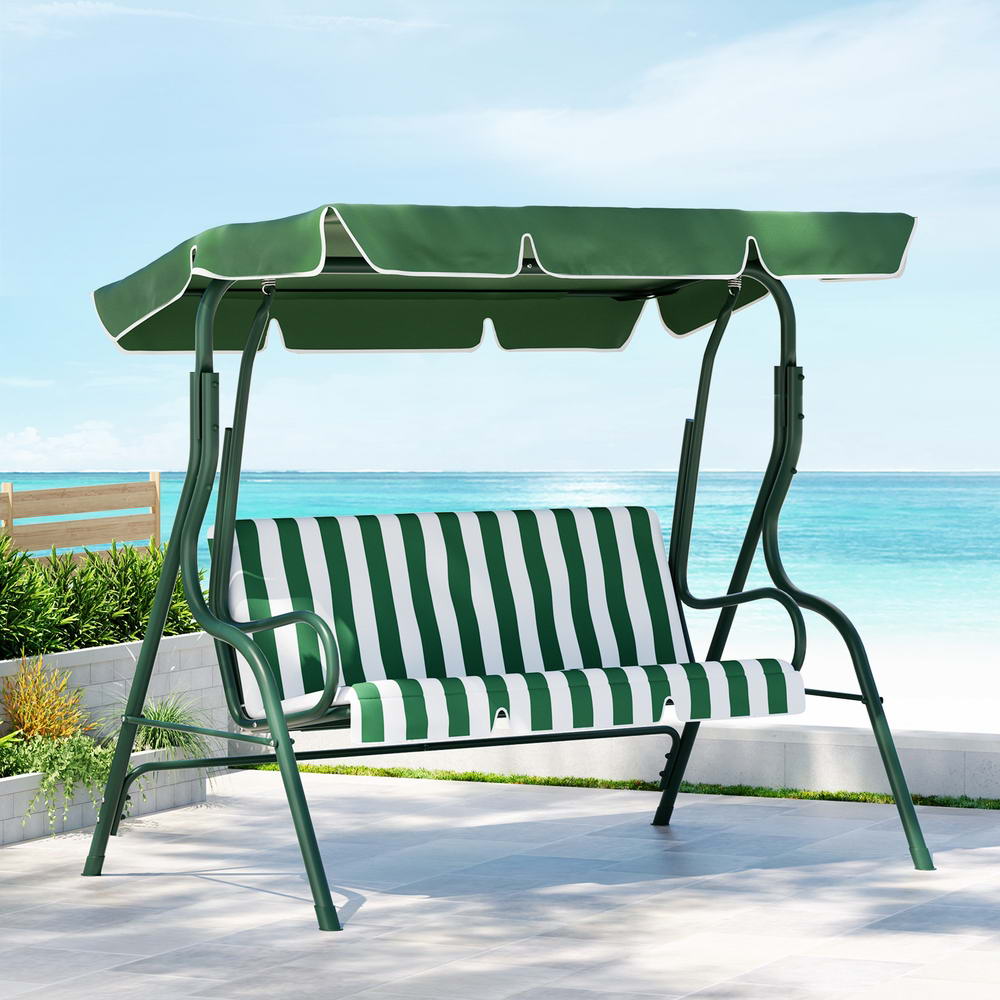 Outdoor Swing Chair Garden Bench Furniture Canopy 3 Seater - White Green