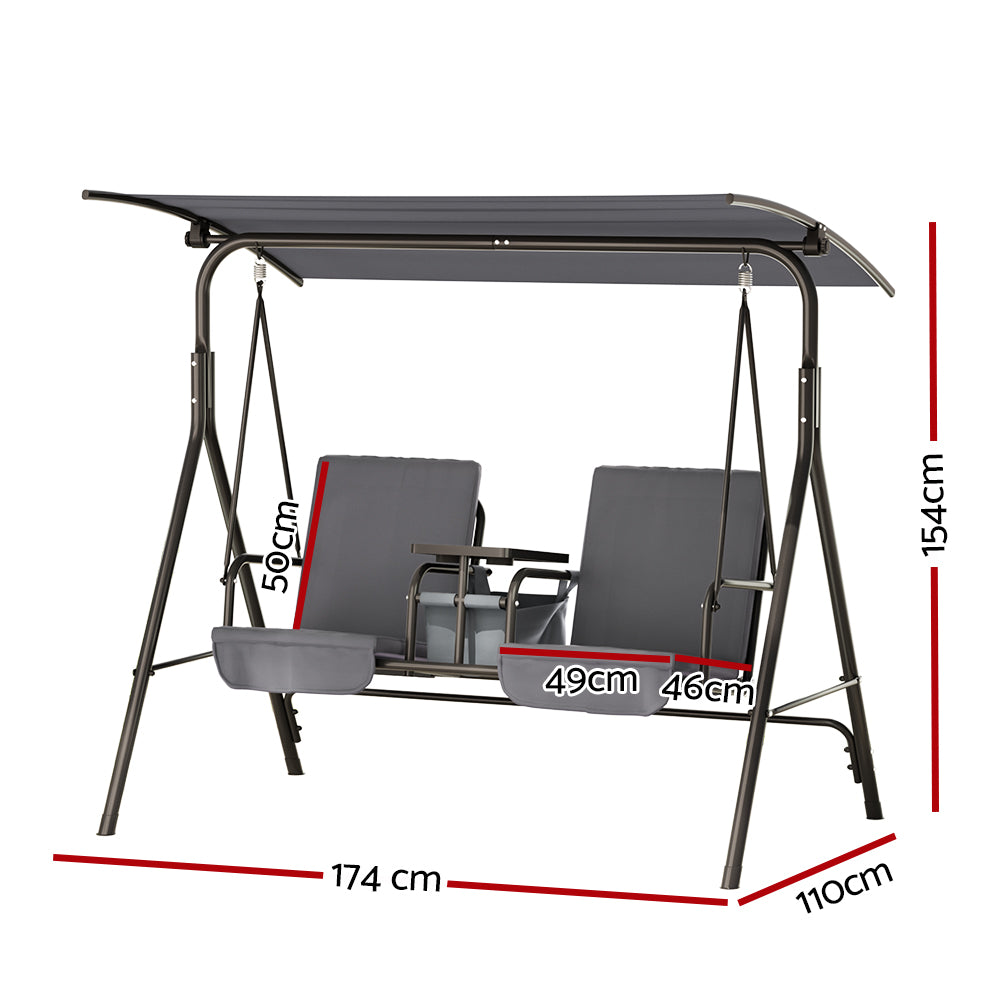 Outdoor Swing Chair Garden Furniture Canopy Cup Holder 2 Seater Grey