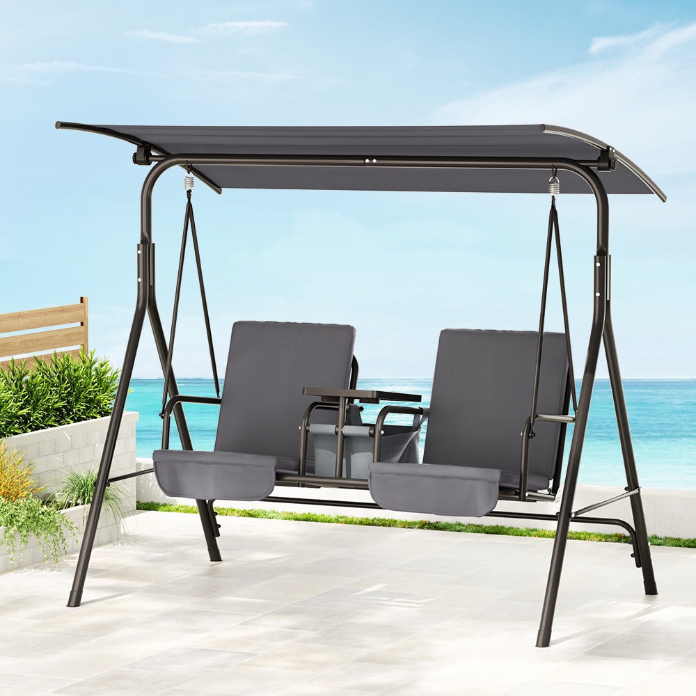 Outdoor Swing Chair Garden Furniture Canopy Cup Holder 2 Seater Grey