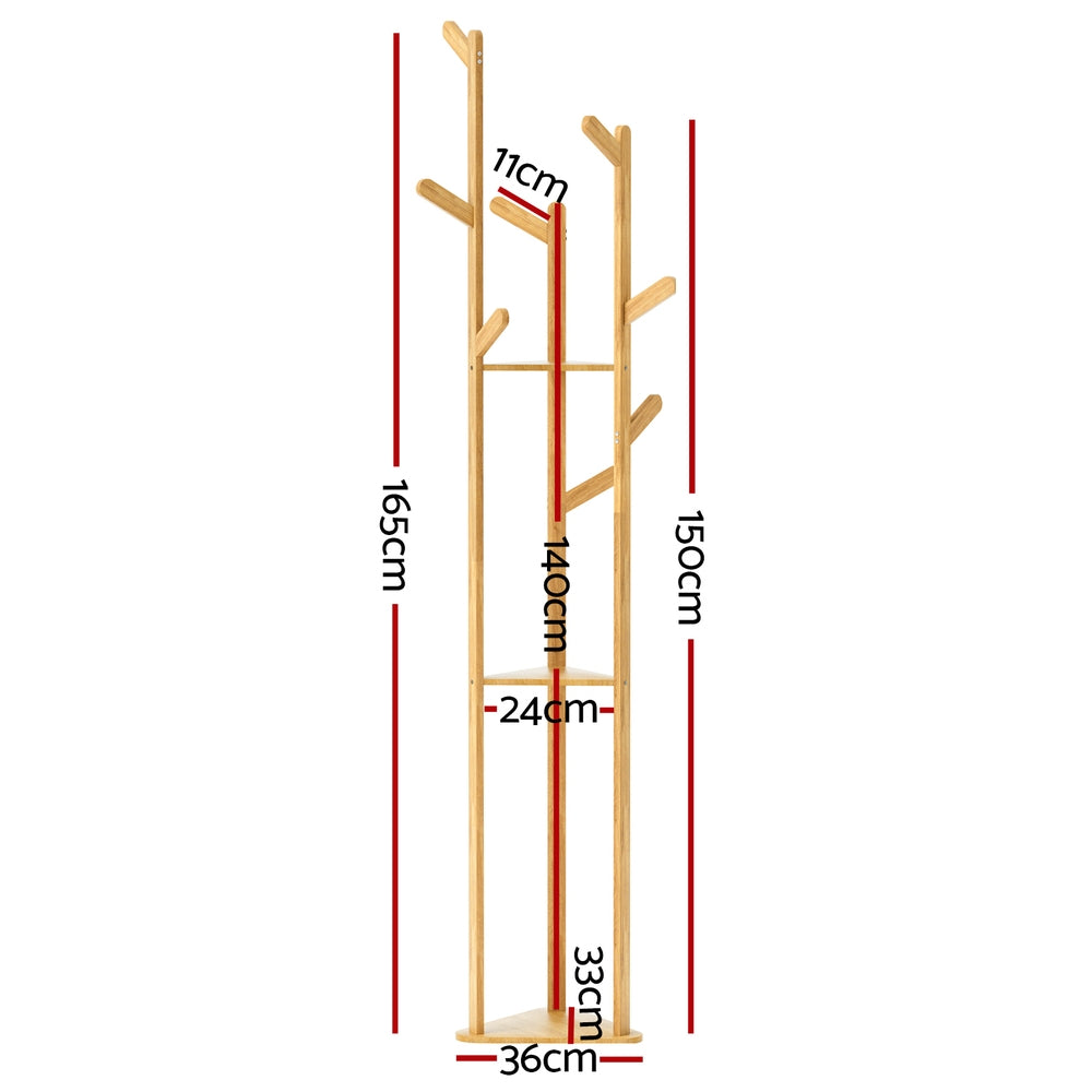 Clothes Rack Coat Stand 9 Hooks Tree Shelf Bamboo