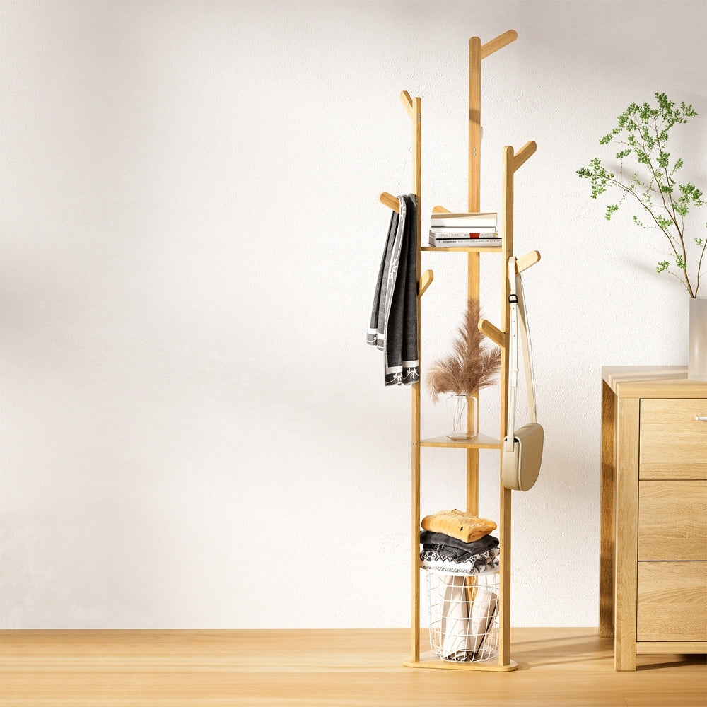 Clothes Rack Coat Stand 9 Hooks Tree Shelf Bamboo