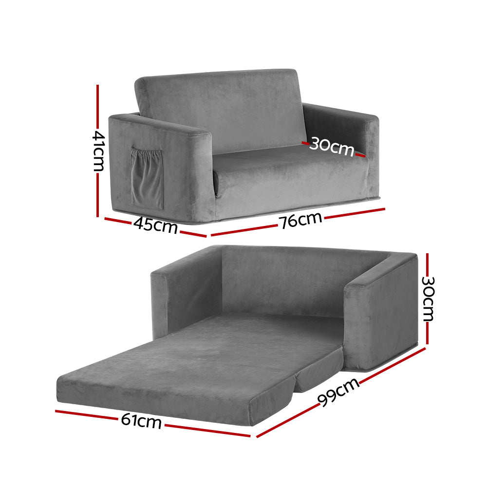 Kids Sofa 2 Seater Chair Children Flip Open Couch Armchair Grey