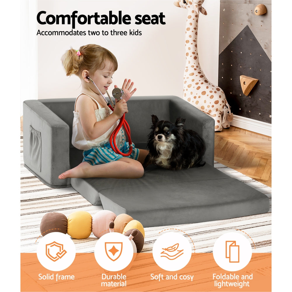 Kids Sofa 2 Seater Chair Children Flip Open Couch Armchair Grey