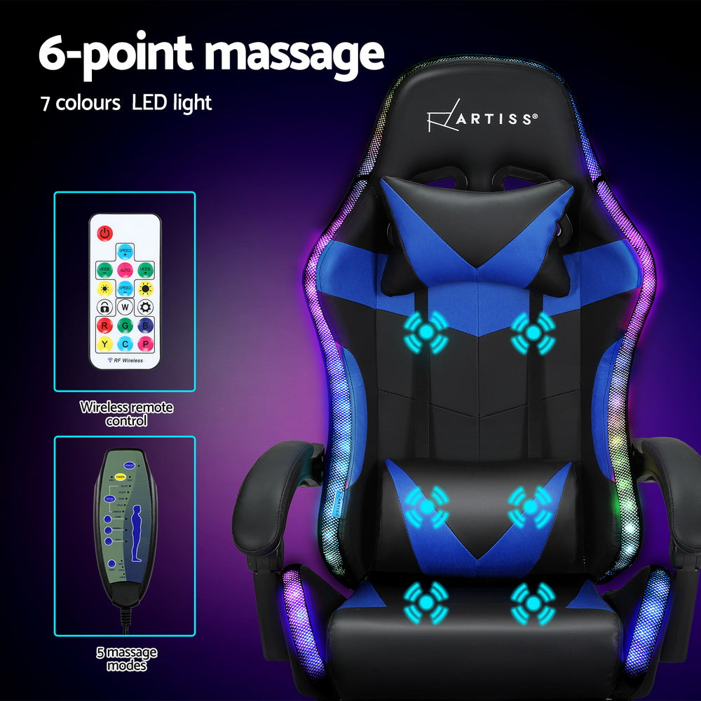 6 Point Massage Gaming Office Chair 7 LED Footrest Blue