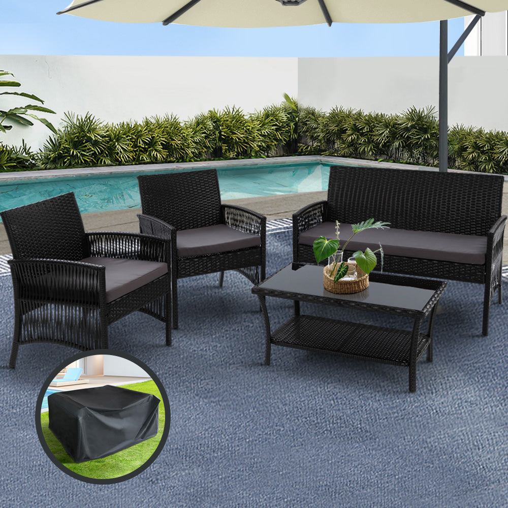 4PCS Outdoor Lounge Setting Sofa Set Patio Wicker Furniture Black Cover