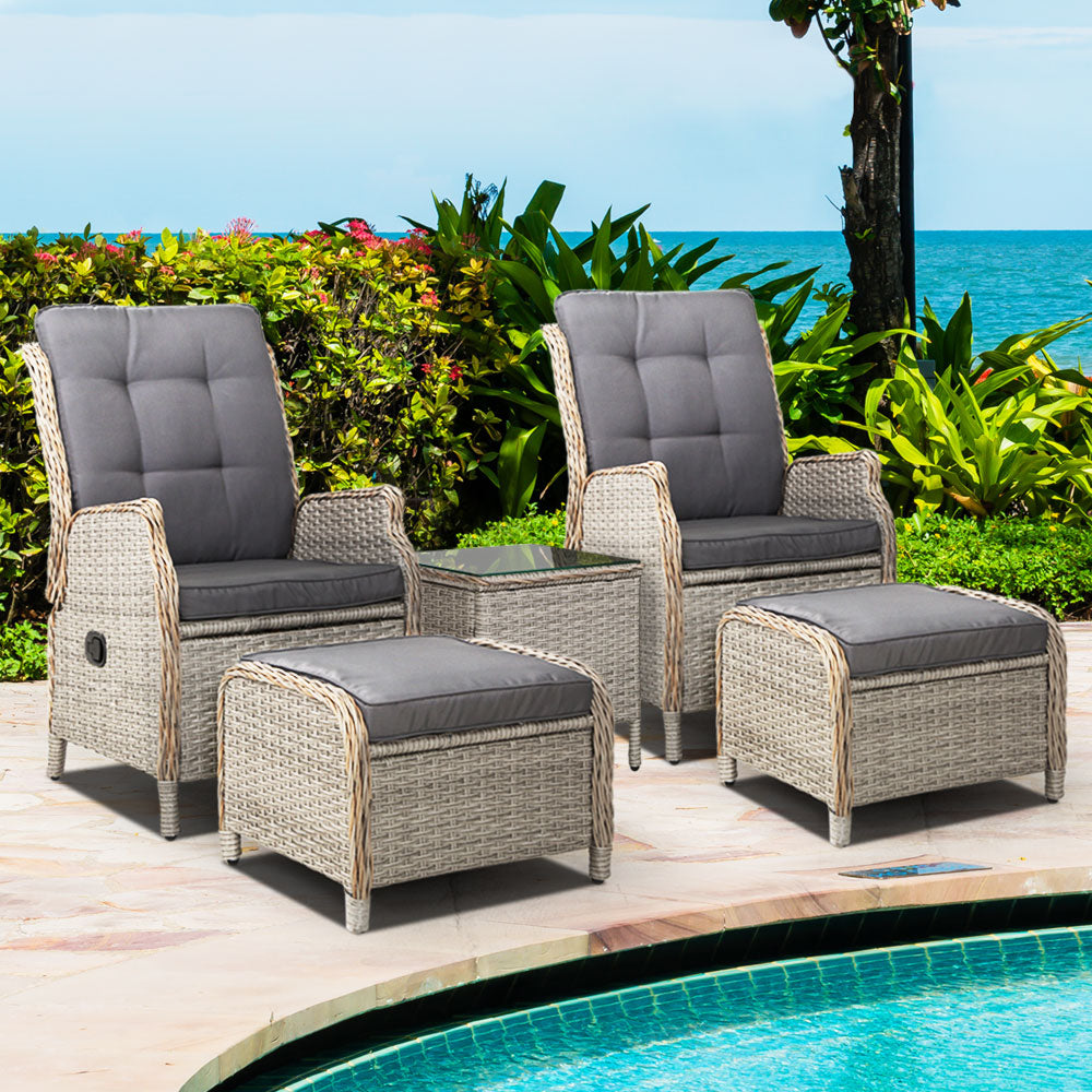 Recliner Chairs Table 5PC Sun Lounge Outdoor Furniture Wicker Adjustable - Grey