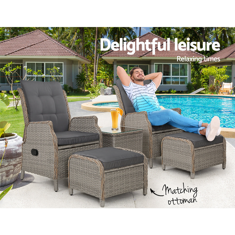 Recliner Chairs Table 5PC Sun Lounge Outdoor Furniture Wicker Adjustable - Grey