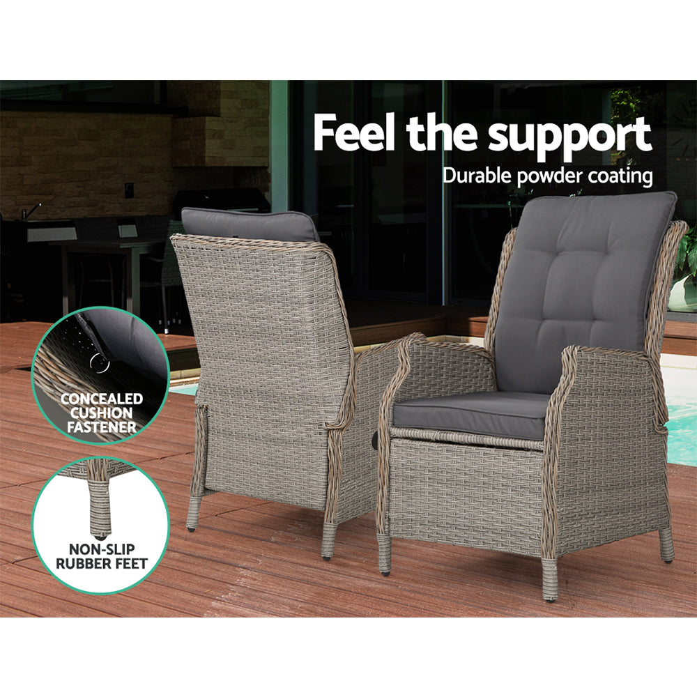 Recliner Chairs Table 5PC Sun Lounge Outdoor Furniture Wicker Adjustable - Grey