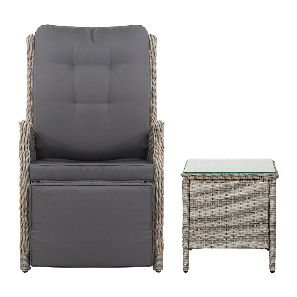 Recliner Chairs Table 3PC Sun Lounge Outdoor Furniture Wicker Adjustable - Grey