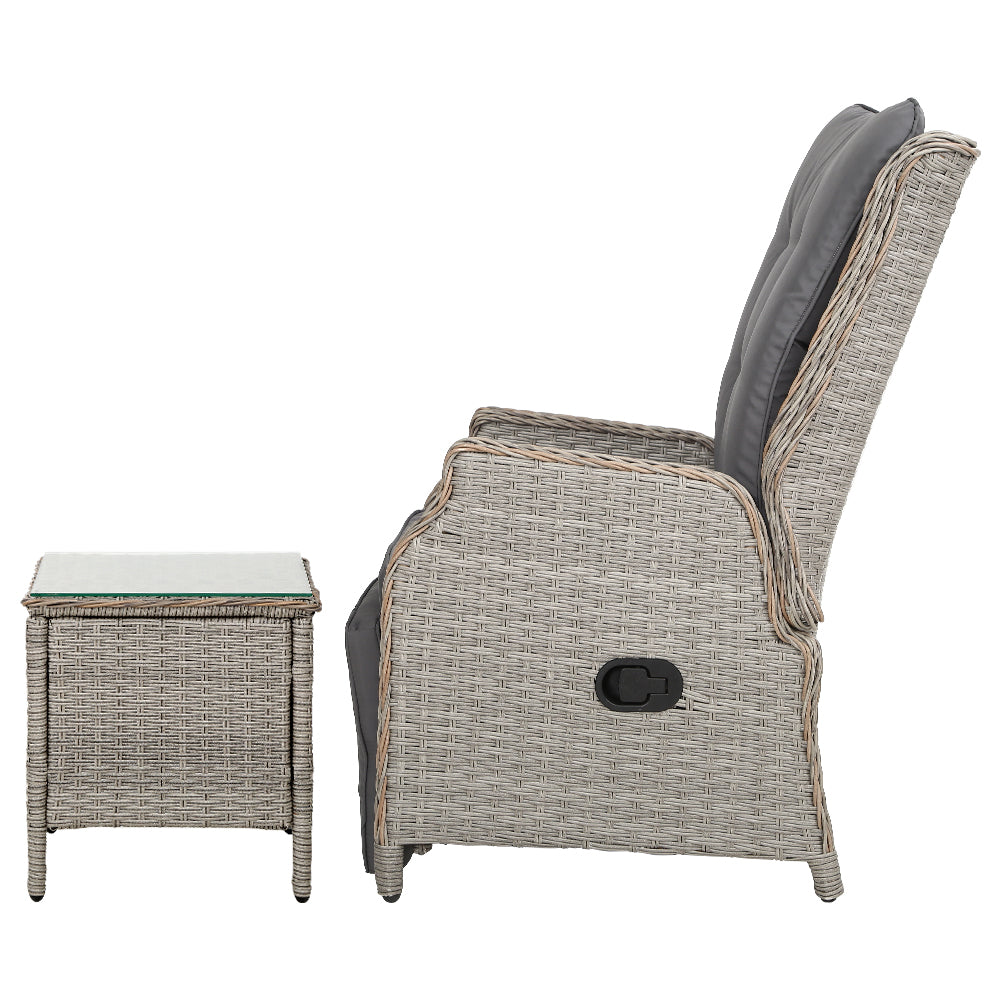 Recliner Chairs Table 3PC Sun Lounge Outdoor Furniture Wicker Adjustable - Grey