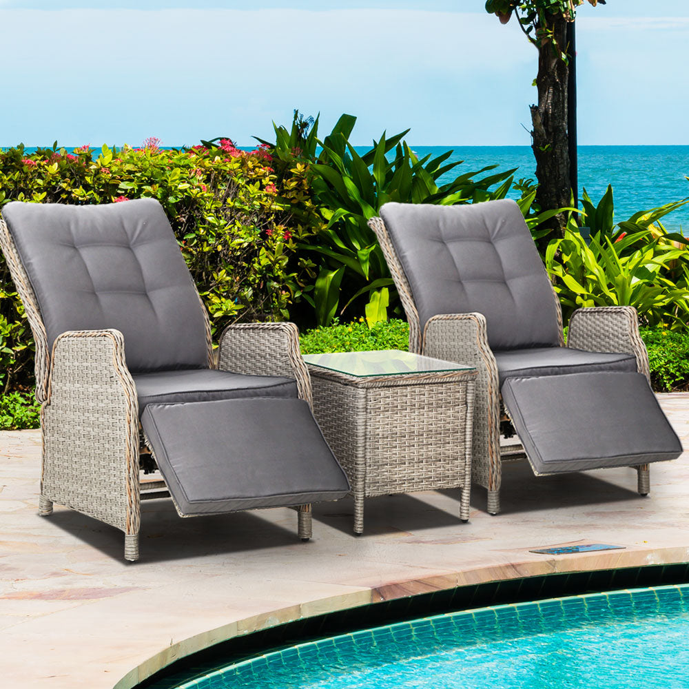 Recliner Chairs Table 3PC Sun Lounge Outdoor Furniture Wicker Adjustable - Grey