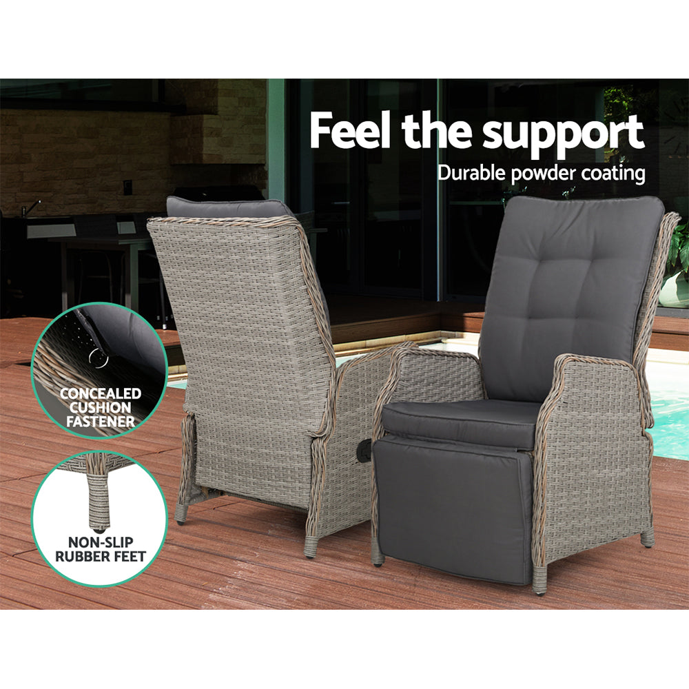 Recliner Chairs Table 3PC Sun Lounge Outdoor Furniture Wicker Adjustable - Grey