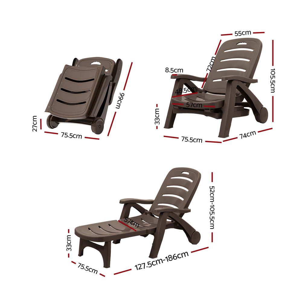 Sun Lounger Folding Lounge Chair Wheels Patio Outdoor Furniture Brown