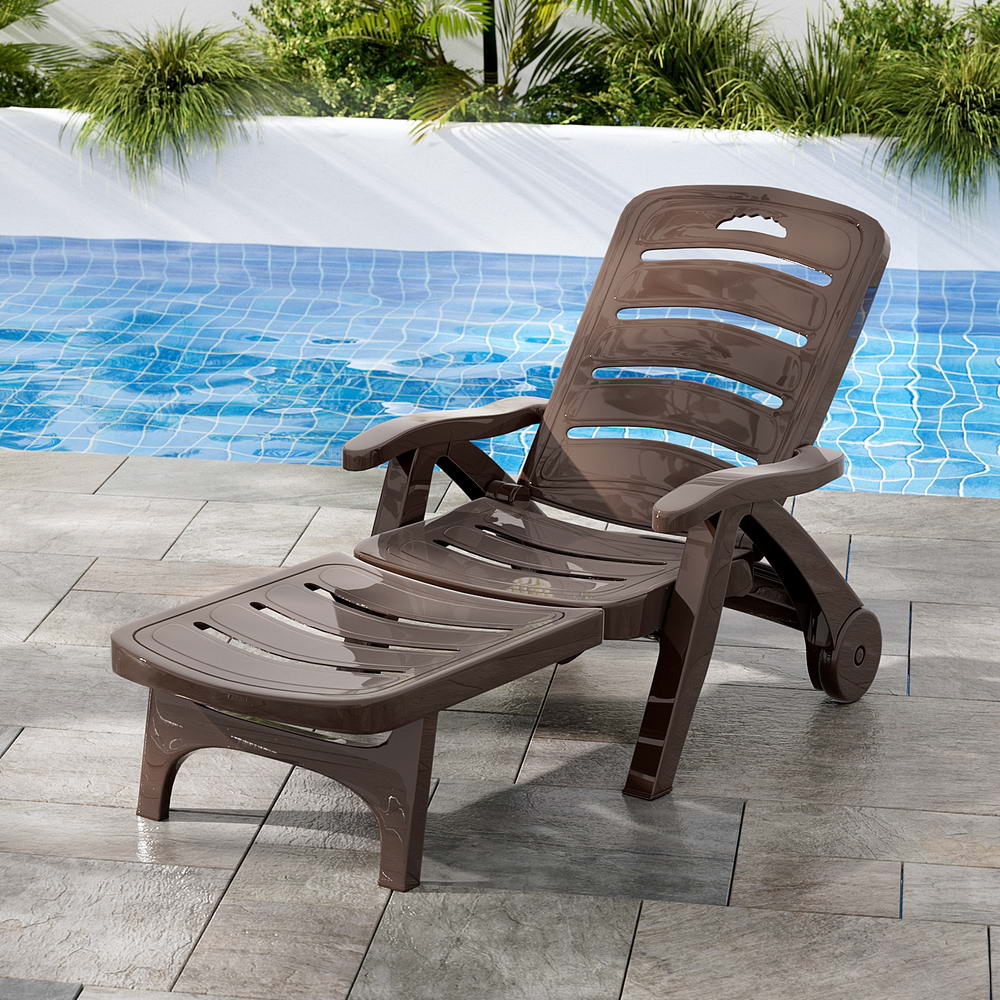 Sun Lounger Folding Lounge Chair Wheels Patio Outdoor Furniture Brown