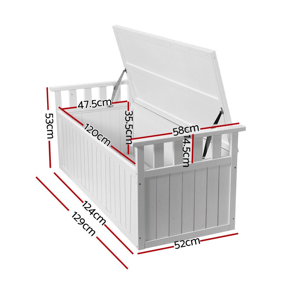 Outdoor Storage Bench Box 129cm Wooden Garden Toy Chest Sheds Patio Furniture XL - White