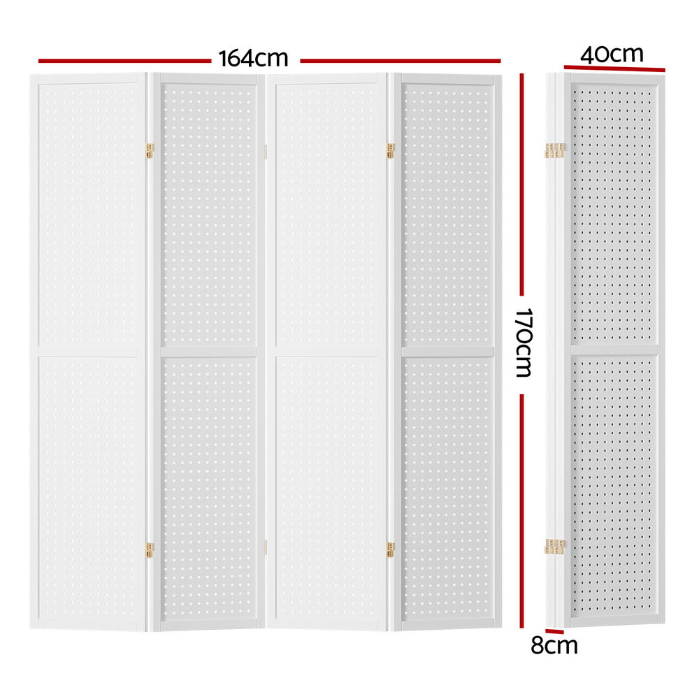 4 Panel Room Divider Screen 164x170cm Pegboard White