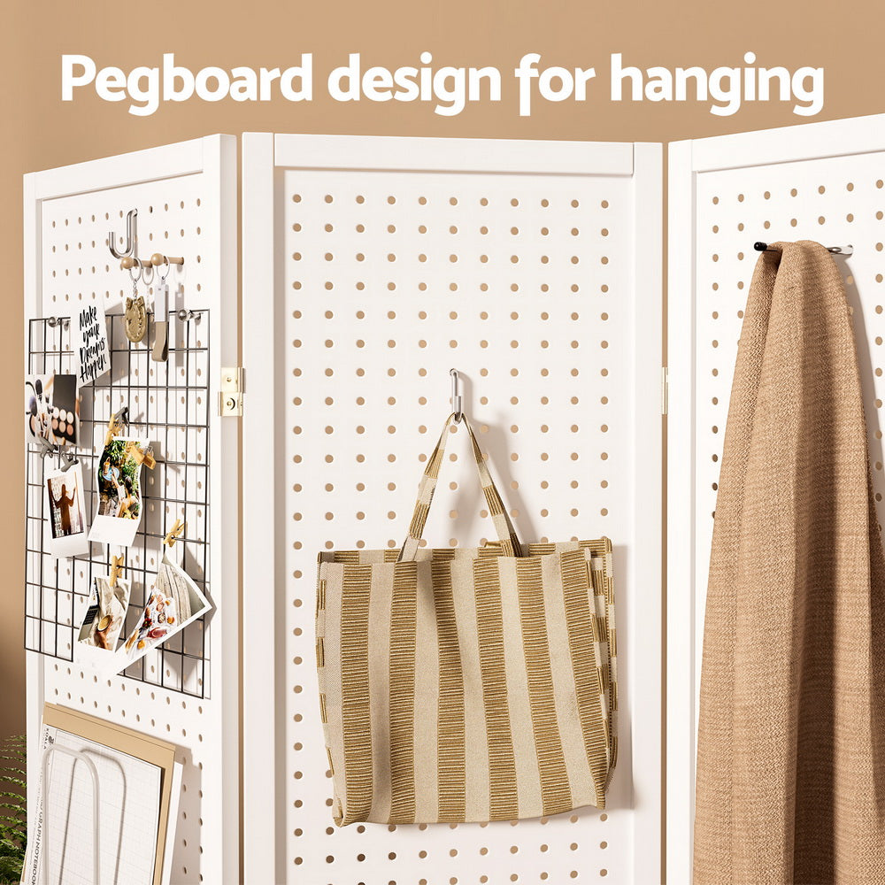 4 Panel Room Divider Screen 164x170cm Pegboard White