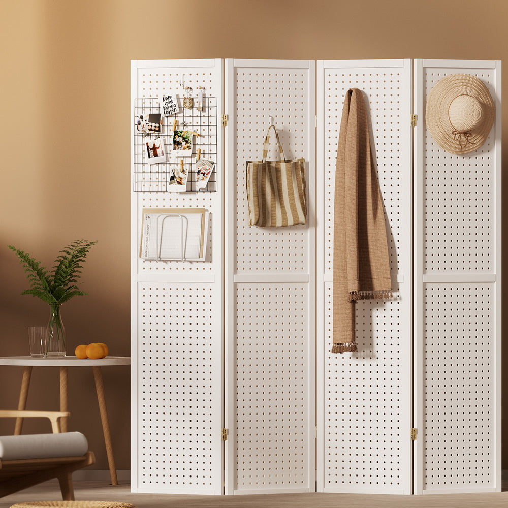 4 Panel Room Divider Screen 164x170cm Pegboard White