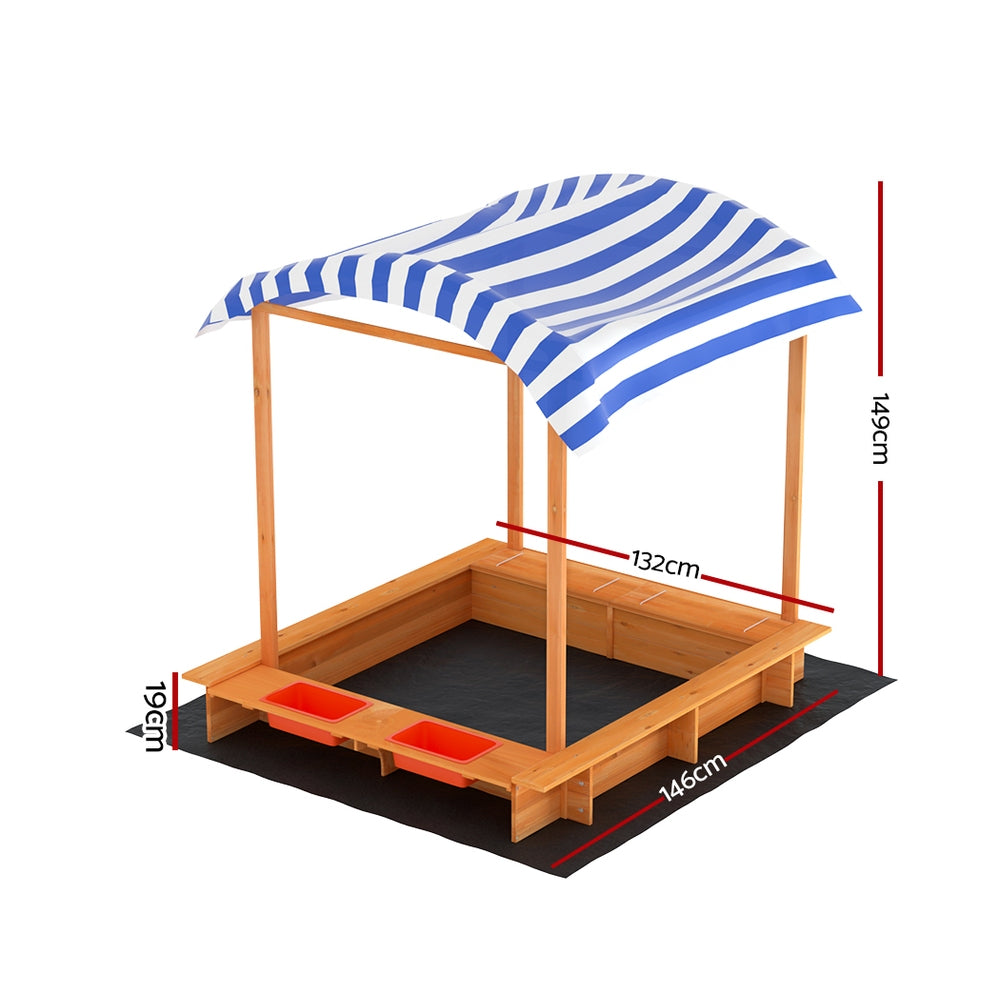 Kids Sandpit Wooden Sandbox Sand Pit with Canopy Water Basin Toys 146cm