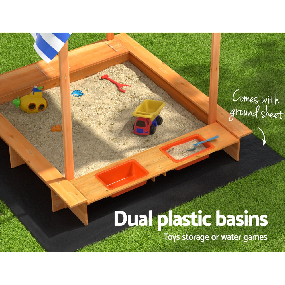 Kids Sandpit Wooden Sandbox Sand Pit with Canopy Water Basin Toys 146cm