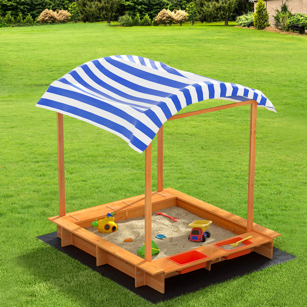 Kids Sandpit Wooden Sandbox Sand Pit with Canopy Water Basin Toys 146cm