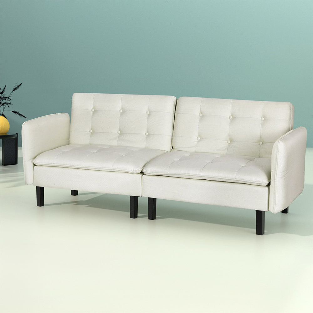 Sofa Bed 3 Seater Tufted Faux Beige