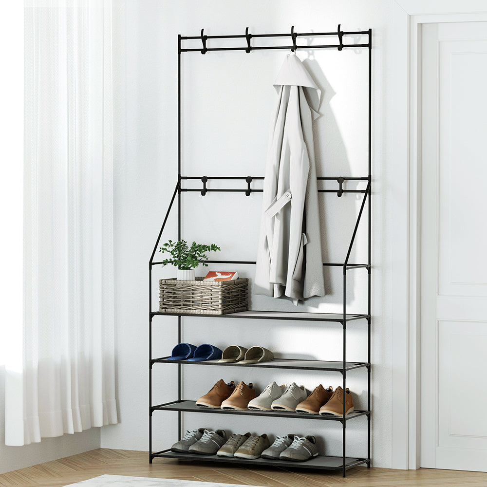 Shoe Rack Coat Hat Stand Hallway Shoes Storage Tree Metal Shelves Black