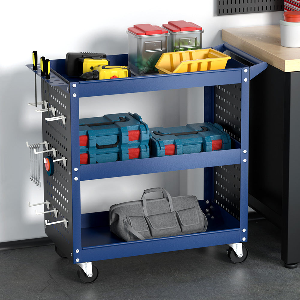 3-Tier Tool Cart Storage Trolley Workshop Garage Pegboard Hooks Blue