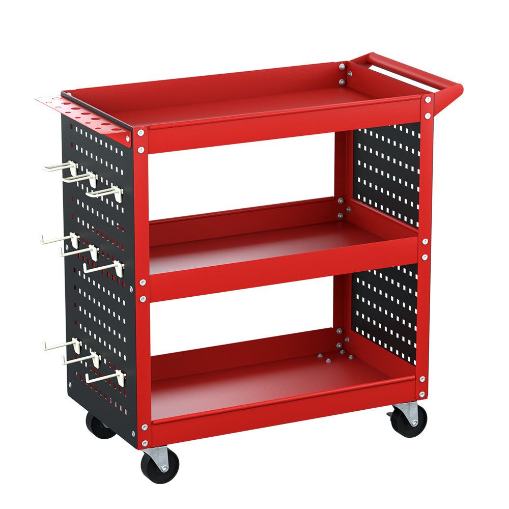 Giantz 3-Tier Tool Cart Storage Trolley Workshop Garage Pegboard Hooks Red