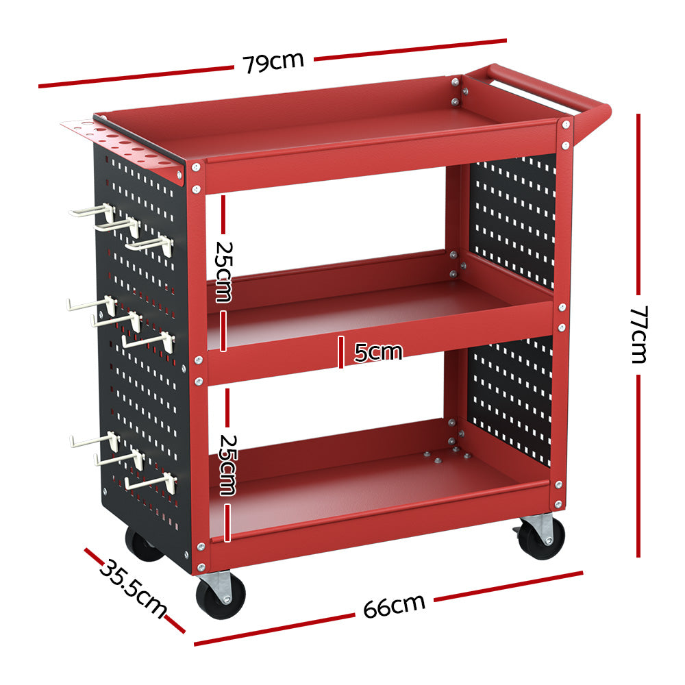 3-Tier Tool Cart Storage Trolley Workshop Garage Pegboard Hooks Red