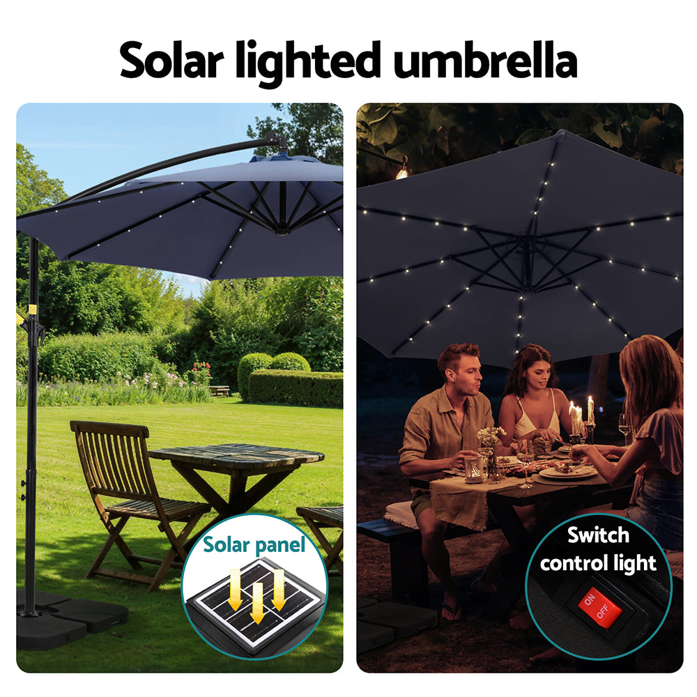 Outdoor Umbrella 3M Cantilever Beach LED w/Base Garden Shade Patio Navy