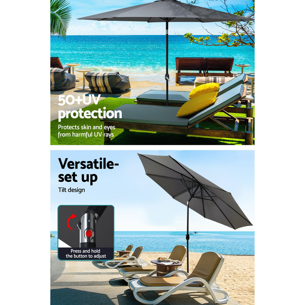 Outdoor Umbrella 3m Base Beach Pole Garden Tilt Sun Patio UV Charcoal