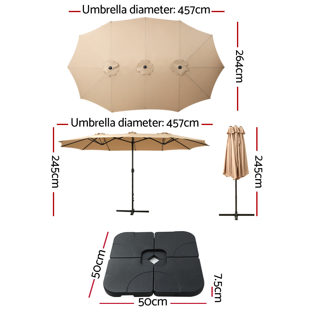 4.57m Outdoor Umbrella w/Base Stand Beach Pole Garden Tilt Beige