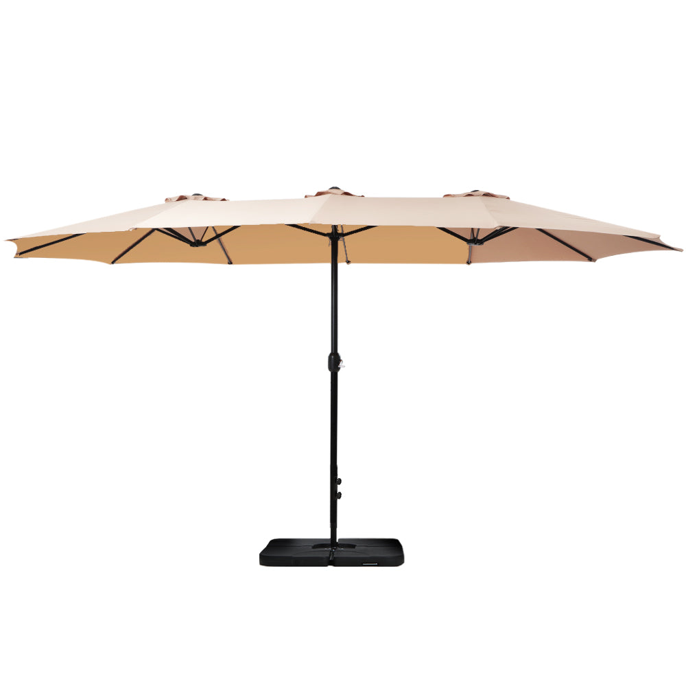 4.57m Outdoor Umbrella w/Base Stand Beach Pole Garden Tilt Beige