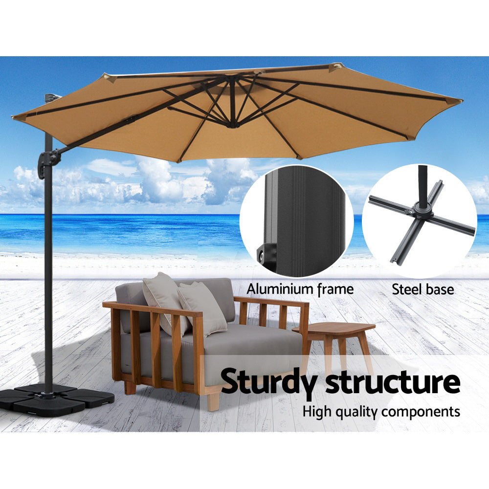 3m Outdoor Umbrella w/Base Cantilever Beach Roma 360 Degree Tilt Beige