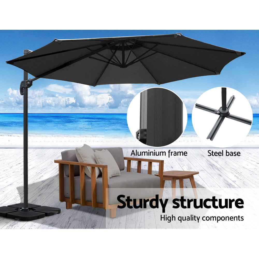 3m Outdoor Umbrella w/Base Cantilever Beach Roma 360 Degree Tilt Black