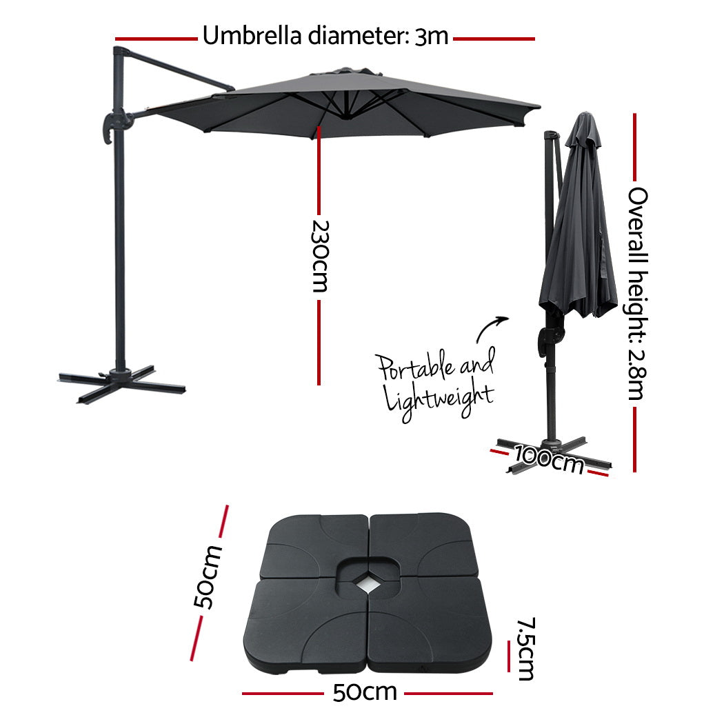 3m Outdoor Umbrella w/Base Cantilever Beach Roma 360 Degree Tilt Charcoal