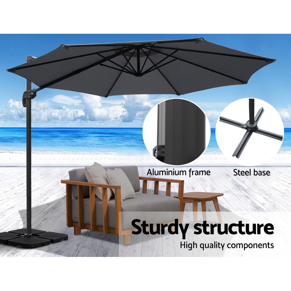 3m Outdoor Umbrella w/Base Cantilever Beach Roma 360 Degree Tilt Charcoal